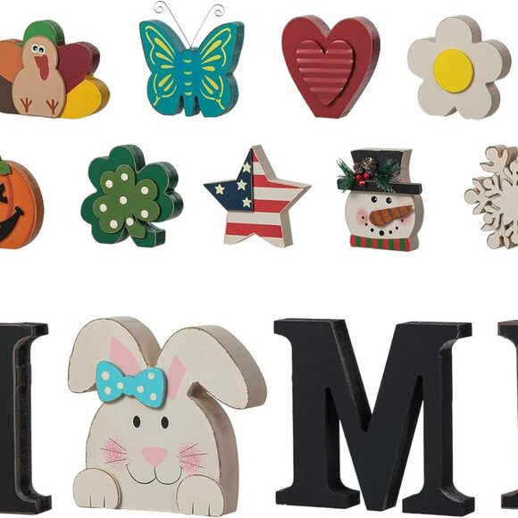 Interchangeable Home Table Signs with 13 Pcs Seasonal Icons, Wooden Home Sign - Picture 1 of 9